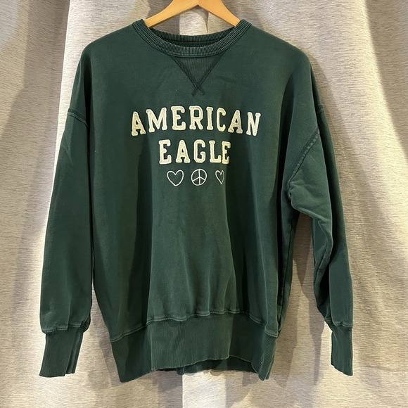 American Eagle Sweatshirt Womens XS Green Textured Love Peace Oversized Lounge - Picture 1 of 5